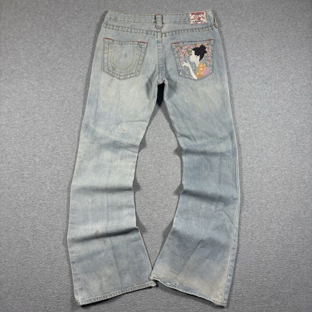 Vtg True Religion Bobby Jeans Women 27 Light Wash Low Rise Geisha Embroidered